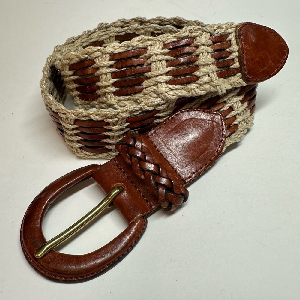 Vintage Liz Claiborne Boho Brown Leather Crochet Jute Interwoven Belt Size Small